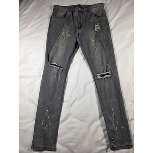 Serenade Skinny Jeans Men 36x32 Dark Gray Neon Paint Splatter Distressed Denim